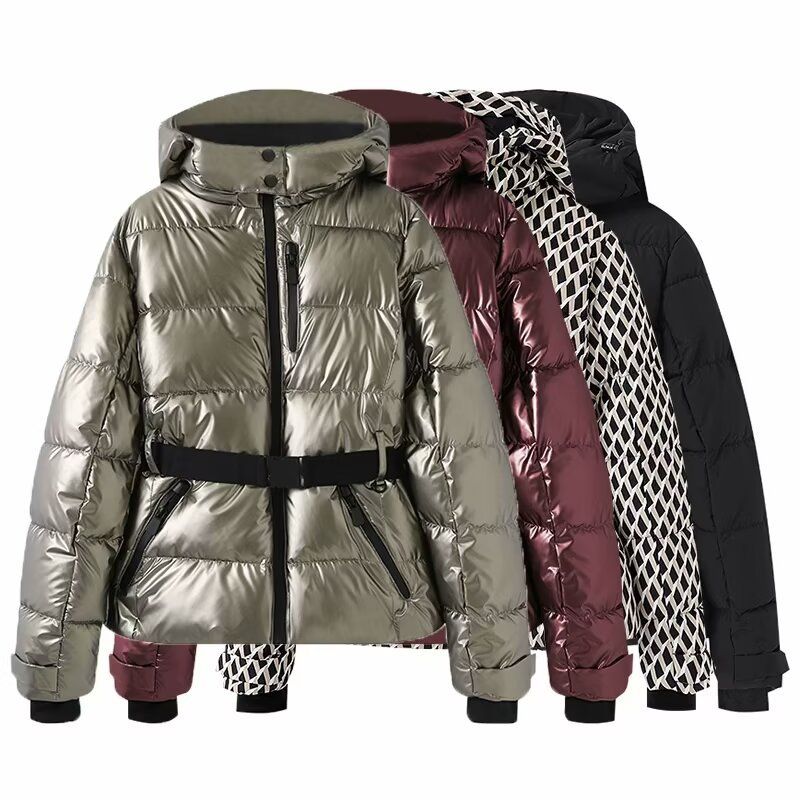 Stijlvolle, nauwsluitende pufferjas voor dames, voor skiën en streetwear - lichtgewicht en warme winterjas met riem (zwart/blauw/grijs/geruit)_voghion.com