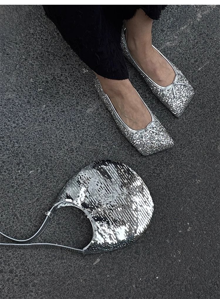 Square Head Evening Wind Mary Jane 2024 Nuovo Fiocco in Vera Pelle Argento Scarpe Singole Donna Piatte_voghion.com