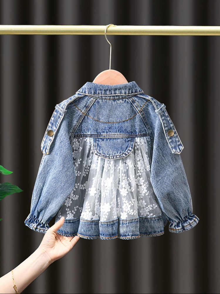 Giacca di jeans da ragazza Top in pizzo ricamato primaverile e autunnale per neonate_voghion.com