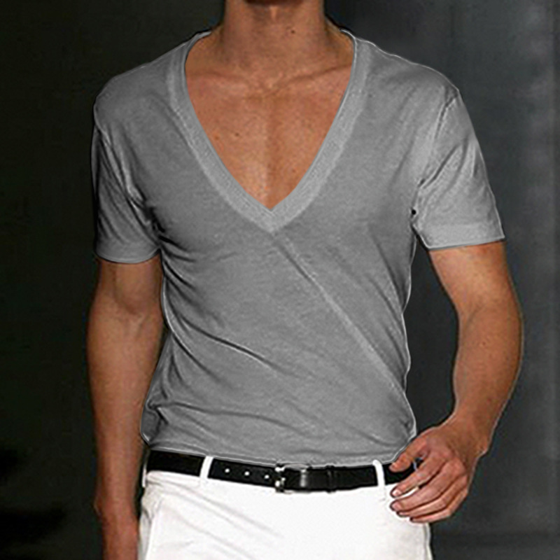 Camiseta deportiva de fitness para hombre, de algodón, para tiempo libre, que absorbe el sudor, de color liso, con escote en V profundo_voghion.com