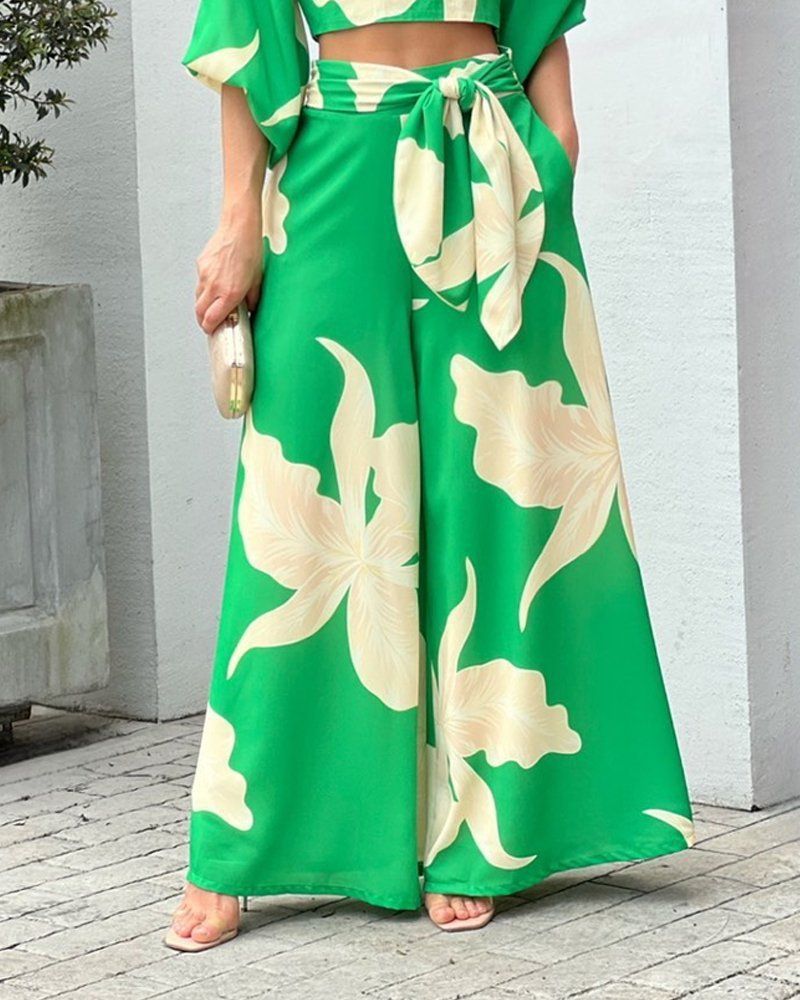Damen bedruckter Modeanzug mit V-Ausschnitt, Laternenärmel, kurzes Oberteil, hohe Taille, weites Bein, Hose, zweiteiliges Set_voghion.com