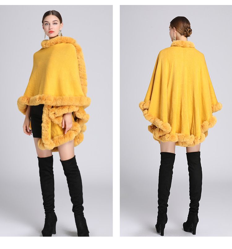 Fur Collar Cape Ladies Large Size Knitted Cardigan Loose Coat Artificial Fur Fashionable And Warm Shawl Cape_voghion.com