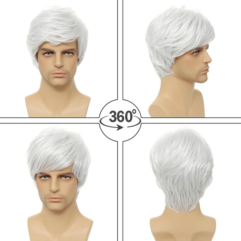 Men's Short Straight Synthetic Wig - White Side Parted Hairpiece (Fashionable Full Cap Heat Resistant Natural Look)_voghion.com