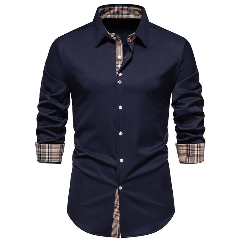 Men's Plaid Color-blocking Casual Long-sleeved Shirts Fashionable Loose Lapel Shirts_voghion.com