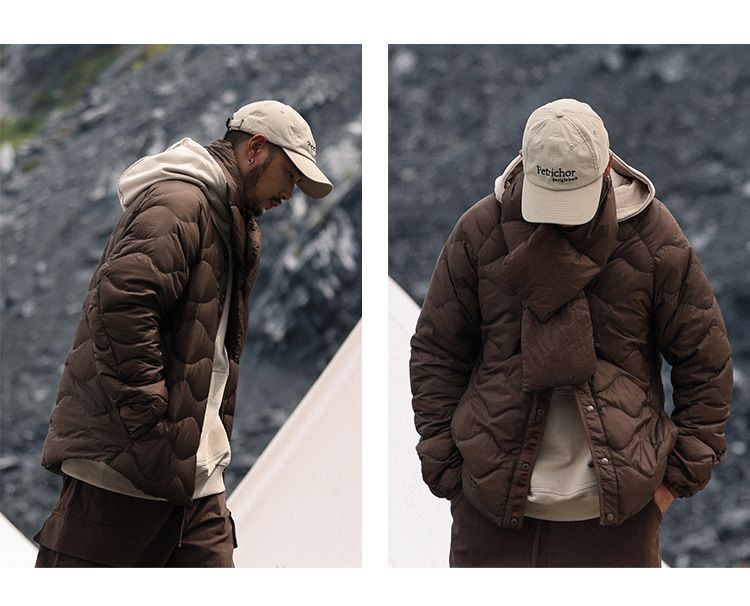 Stylish Retro Velvet-Trim Down Jacket For Men – Lightweight 90% Down Fill, Belted Waist & Collarless Design (Black/Brown/Army Green)_voghion.com