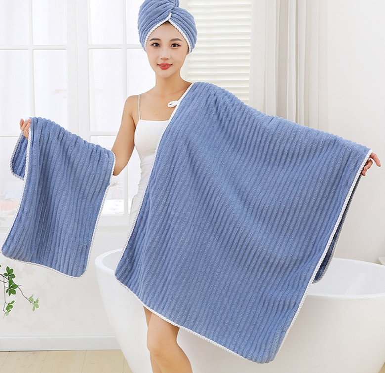 New ACZT Coral Veet Towel, Bath Cap, Three Piece Set, Thickened, Water Absorbing, Soft,_voghion.com