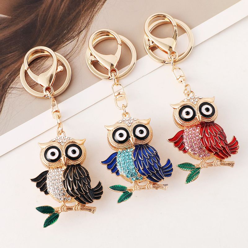 Portachiavi con ciondolo in metallo, piccolo regalo, accessorio per borsa da donna, a forma di gufo con goccia di olio e diamante._voghion.com