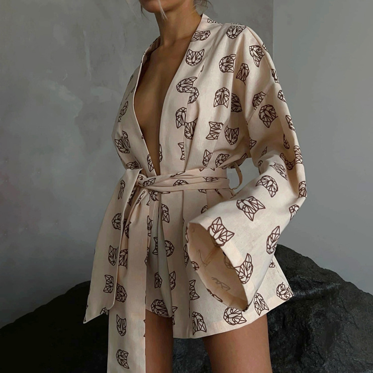 Kadınların gündelik bağcıklı uzun kollu pijama yüksek bel şortları ev kıyafetlerine uygun_voghion.com