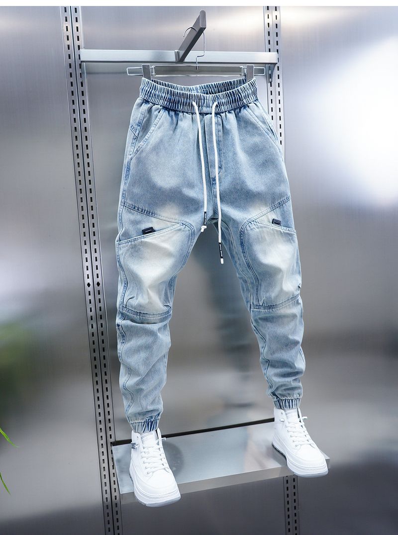 Men's Multi-Pocket Work Jeans – Loose Cuff Washed Denim Pants, Retro Utility Style With Nine-Point Harem Fit_voghion.com