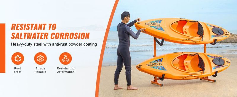 VEVOR Freestanding Kayak Storage Rack, Kayak Stand For 2 Kayak Canoe Paddleboard, Heavy-duty Steel Kayak Hanger Holder With Padded Arms And Adjustable Width, 175LBS Max Load, For Indoor Outdoor Garage_voghion.com