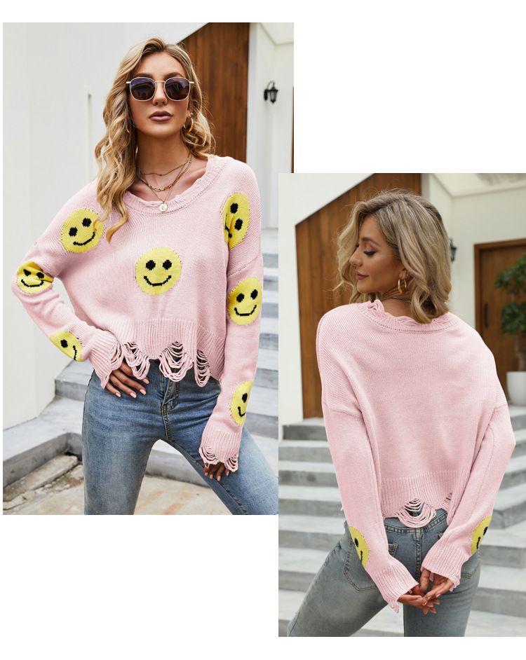 Maglione largo a maniche lunghe strappato, piccolo maglione a fiori con scollo a V_voghion.com