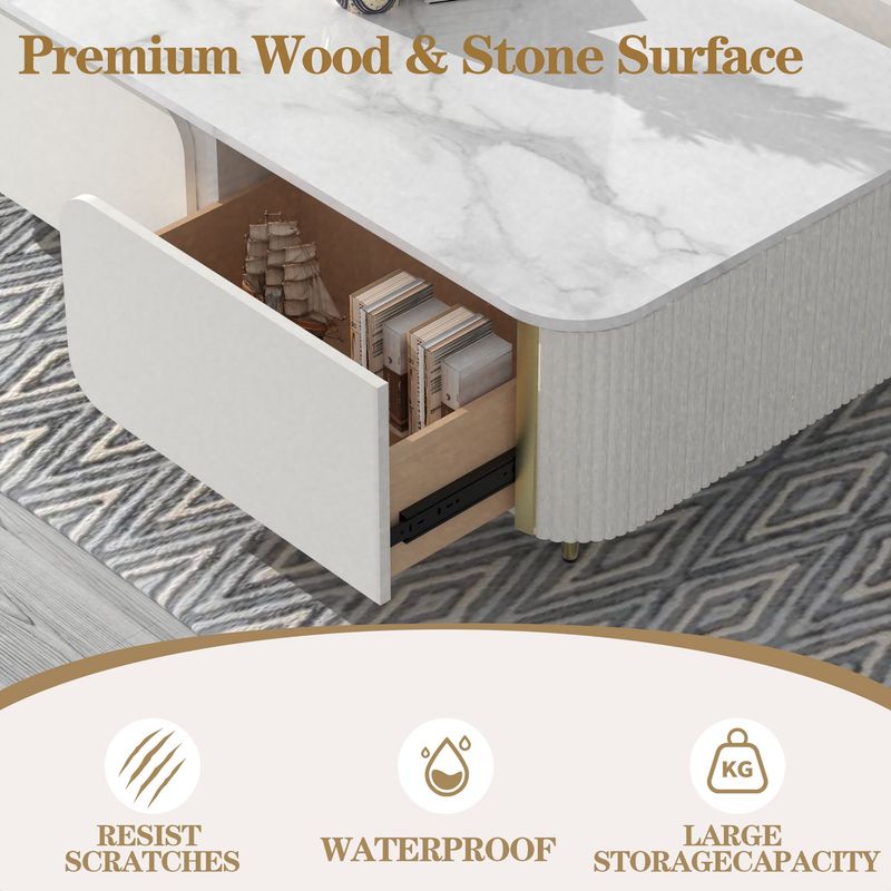 1pc Modern Luxury Coffee Table, 51.1" Rectangle Coffee Table With Drawer, Marble Top, Curved Profile Design, Gold Metal Decor, Center Table For Living Room,Side Table For Apartment_voghion.com