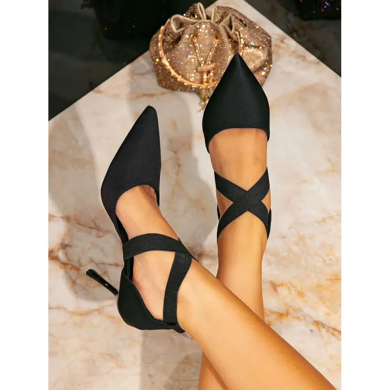 Huizhou Women's Heel Sandals Black Fashion Toe Cross Strap Stiletto Pointed New High Heels_voghion.com