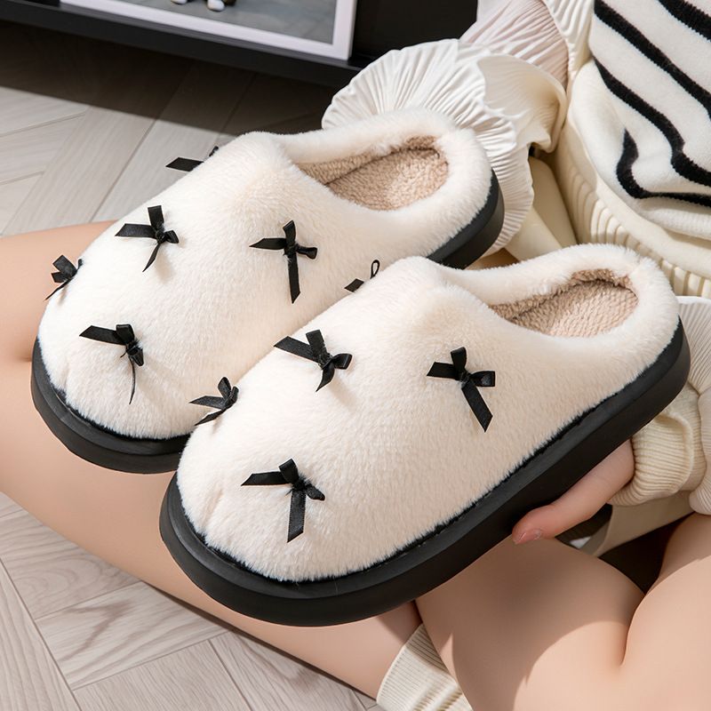 Flauschige Damen-Hausschuhe im Bowknot-Stil für den Innen- und Außenbereich im Herbst und Winter, dicke Sohle, mit Fleece gefüttert, warme Baumwollhausschuhe für Schwangere_voghion.com