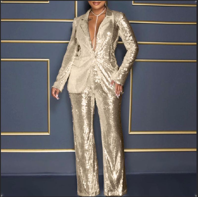 Damenbekleidung Langärmliger Jumpsuit mit V-Ausschnitt und Pailletten, zweiteiliger Anzug_voghion.com