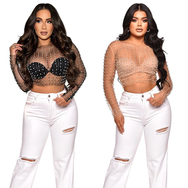 Women's Clothingn fashion women's solid color mesh hot diamond bubble bead long-sleeved top one-piece set_voghion.com