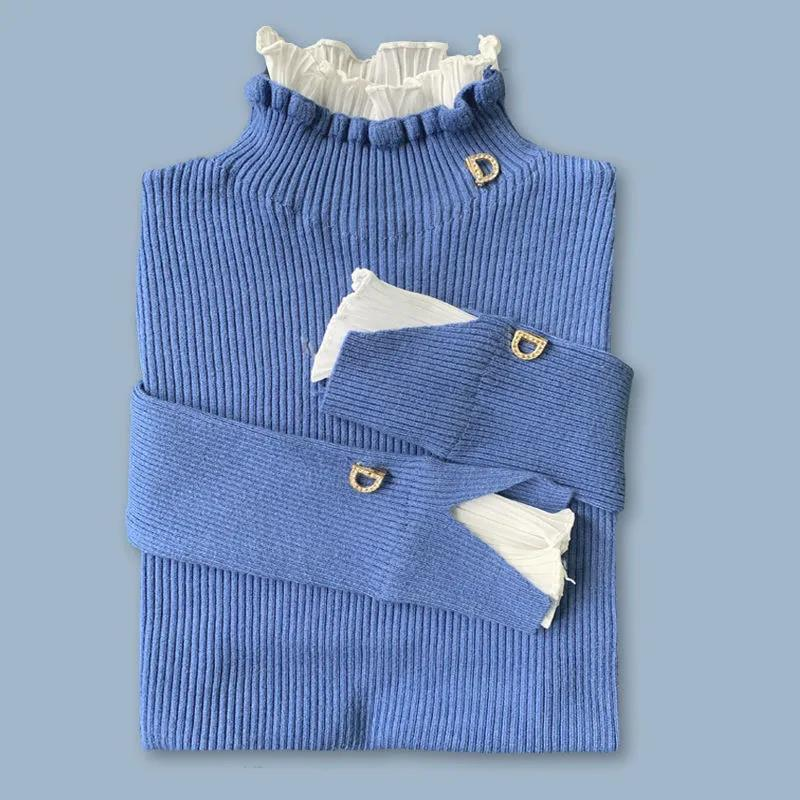 Sweater Women's Turtleneck Lace Ruffle Pullover Women's Trumpet Sleeve Top Solid Color Knitwear Trending Sweater Autumn_voghion.com