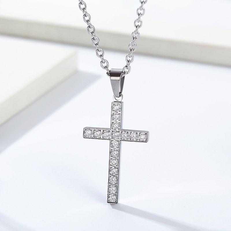 Collana con croce in acciaio al titanio e gioielli da uomo e da donna, intarsiata con diamanti, stile semplice e neutro, alla moda, accessori personalizzati_voghion.com
