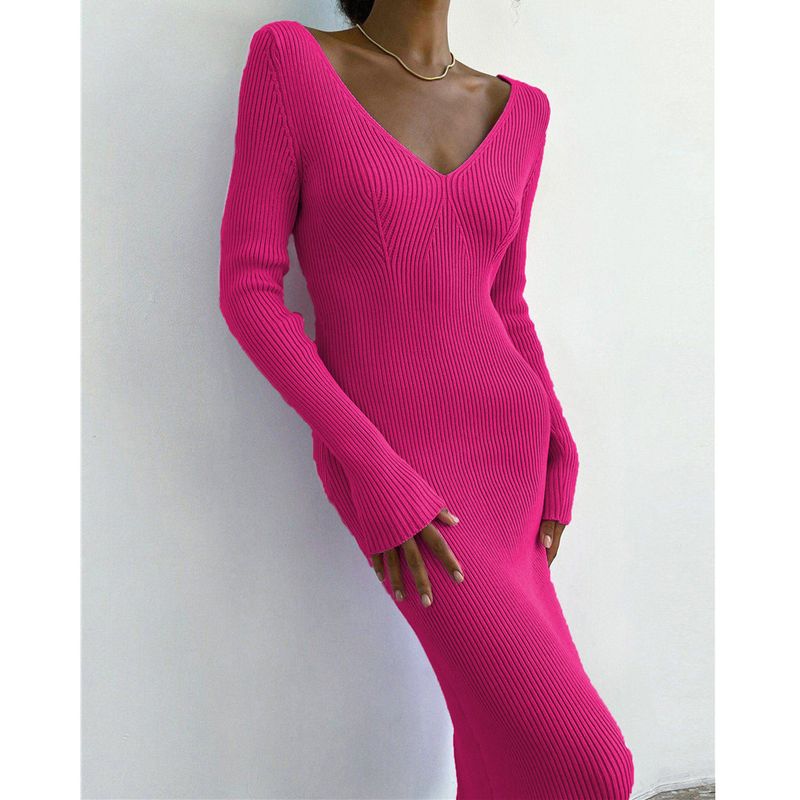 Gonna lunga da donna in maglia a maniche lunghe sexy sottile con scollo a V europeo e americano, autunno e inverno, fondo a coste, alla moda, tutto abbinato_voghion.com