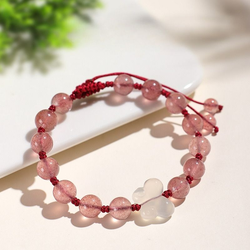 Natural Crystal Strawberry Crystal Bracelet Hand-woven Red Rope Red Glue Flower Chalcedony Butterfly Wang Marriage Bracelet_voghion.com
