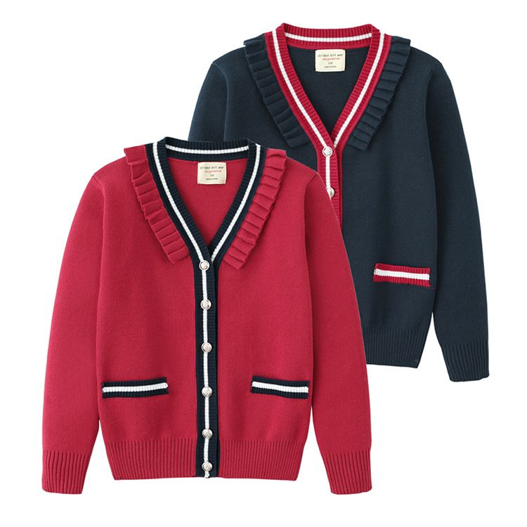 College Style Children's Sweater Cardigan Jacket Medium And Large Children's Contrast Color JK School Uniform Girls Knitted Cardigan_voghion.com