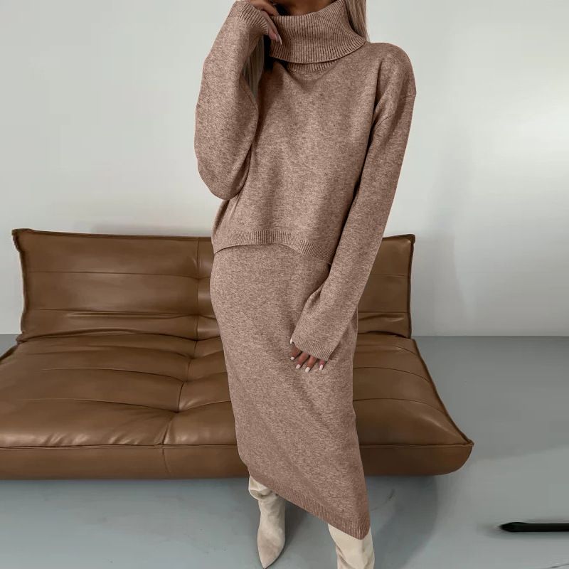 Dameskleding Effen kleur hoge kraag gebreide heuprok tweedelig set_voghion.com