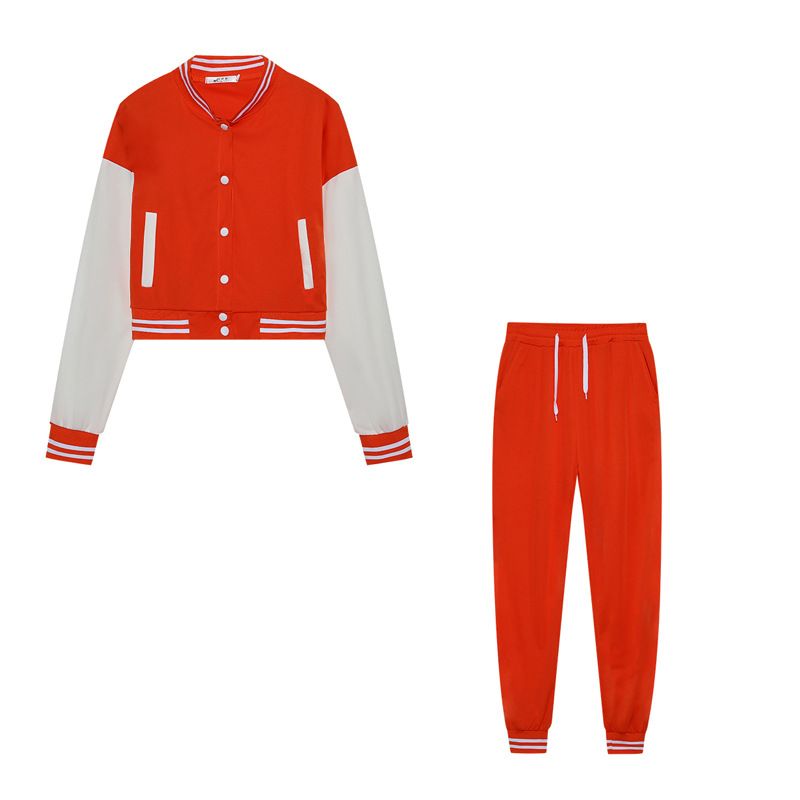Patchwork Single-Breasted Baseball Jacket Women's Sports Two-Piece Set_voghion.com