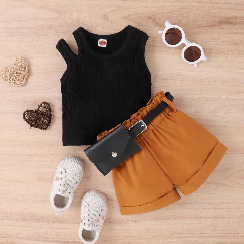Schatzgehalt Kinderkleidung Mädchen Frühling/Sommer schulterfreies Design Top und Shorts mit Gürteltasche dreiteiliges Set_voghion.com