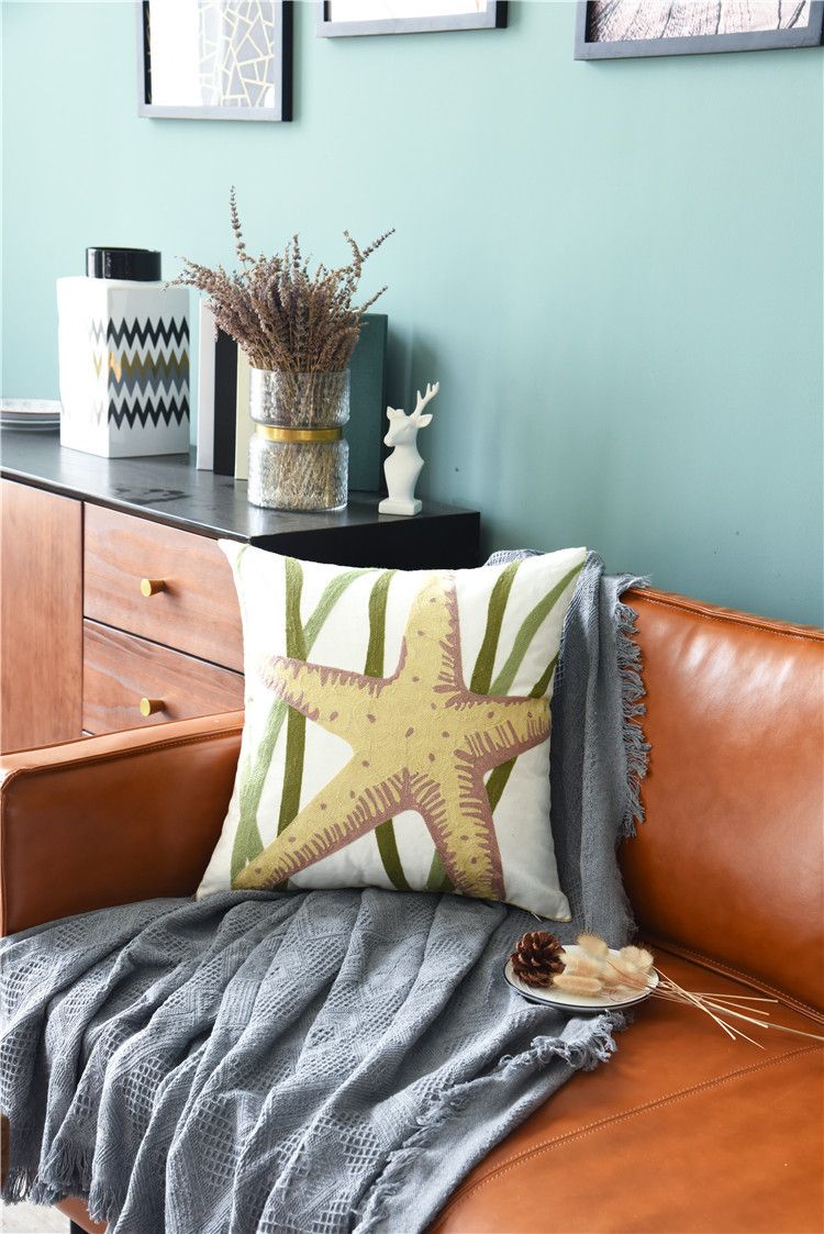 New Nordic Pure Cotton Three-dimensional Marine Life Towel Embroidered Sofa Cushion Color Geometric Embroidered Pillow Case_voghion.com