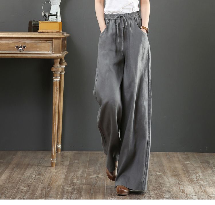 2023 Spring Summer Korean Cotton Loose Plus Size Wide Leg High Waist Floor-Length Straight Linen Women's Pants_voghion.com