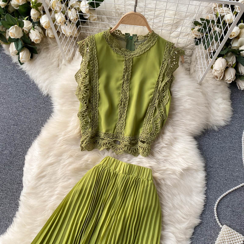 Haut en dentelle pour femmes, taille 1, jupe plissée en mousseline de soie, costume deux pièces_voghion.com