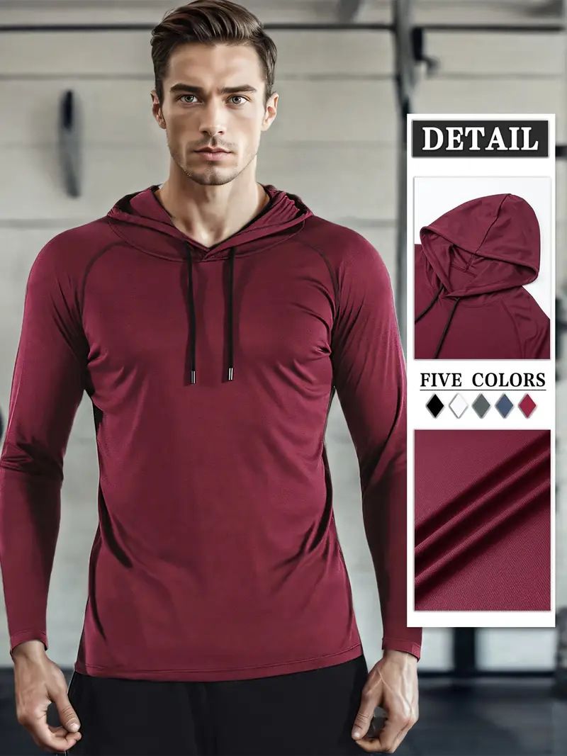 Sweat à capuche de performance pour homme - Haut de course slim évacuant l'humidité pour l'automne et l'hiver, vêtement de fitness léger à séchage rapide avec capuche réglable_voghion.com