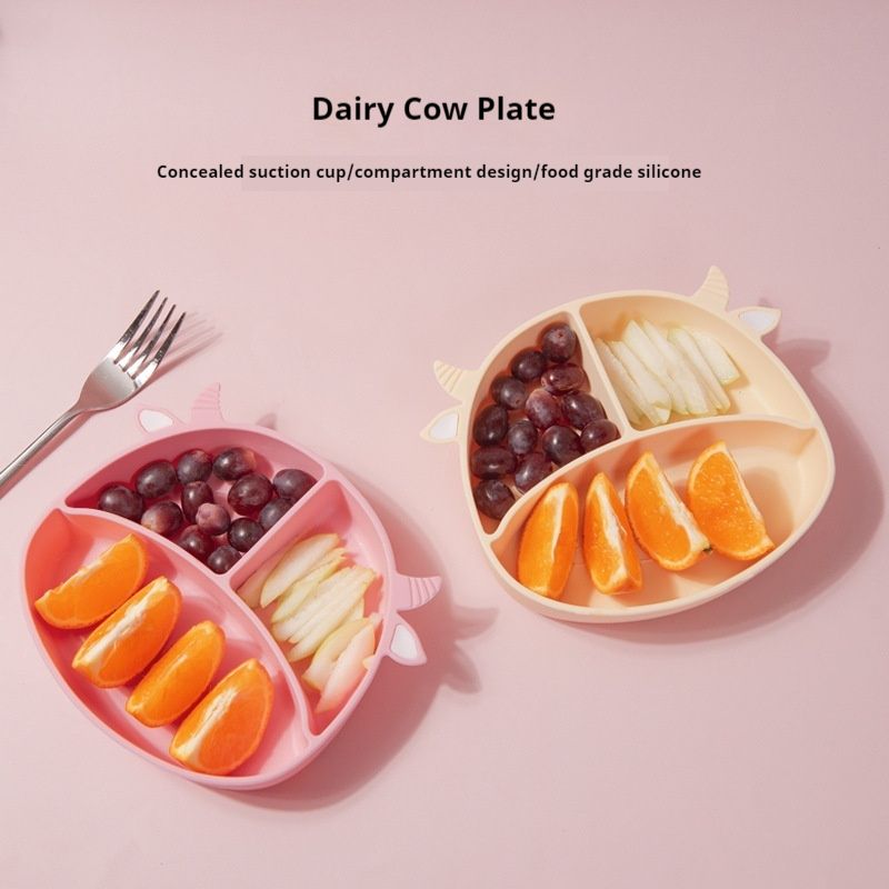 Baby safety silicone plate, baby anti slip suction cup bowl, baby cartoon complementary food box, integrated compartment tableware_voghion.com