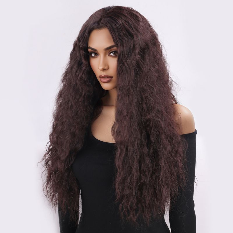 Parrucca con extension per capelli, nuova parrucca per donna, capelli neri ricci alla moda, ondulati, ricci di mais, riga centrale, frangia, copricapo completo._voghion.com