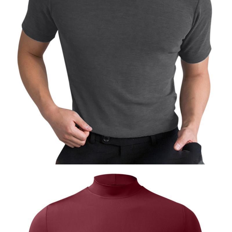 2024 Herbst Winter Stehkragen Kurzarm T-Shirt Herren Basishemd Einfarbiges Oberteil_voghion.com