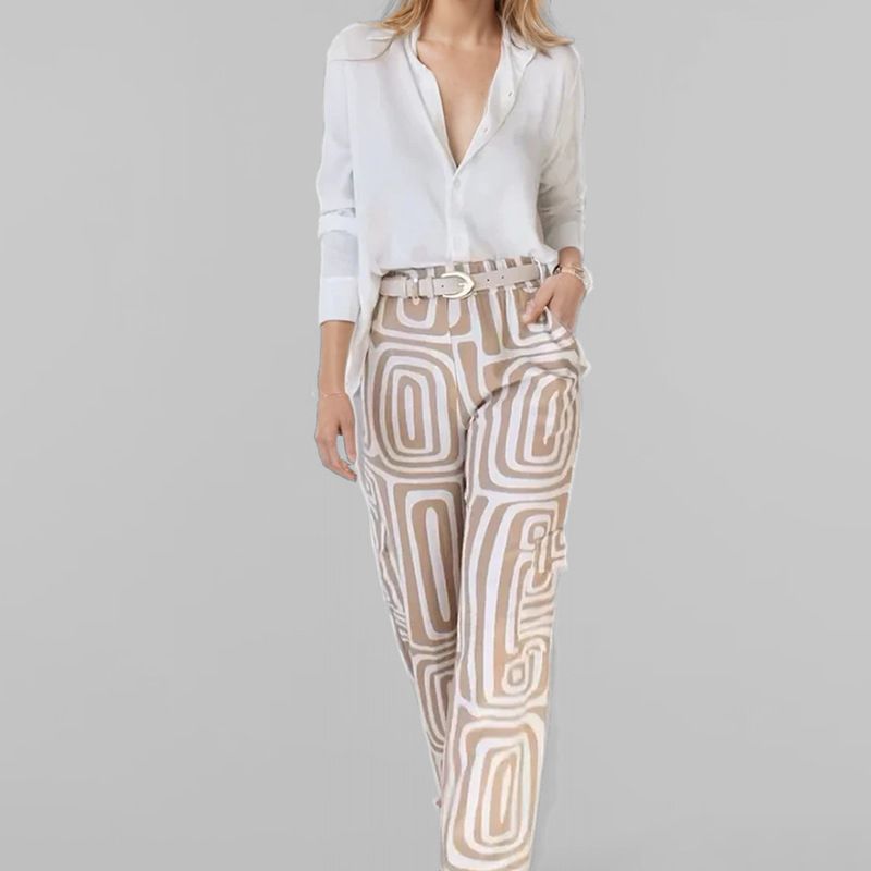 Completo elegante da donna con stampa geometrica, pantaloni e camicetta a maniche lunghe in poliestere antipiega per l'ufficio_voghion.com