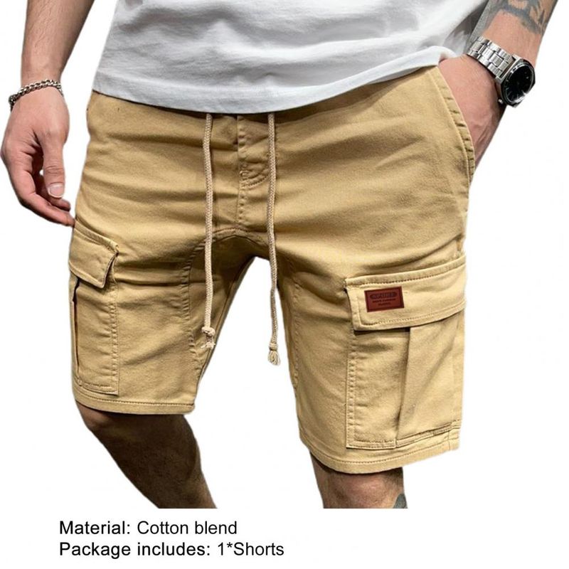 Calça cargo masculina casual de verão com vários bolsos, de cor sólida, com cordão, na altura do joelho, curta masculina_voghion.com