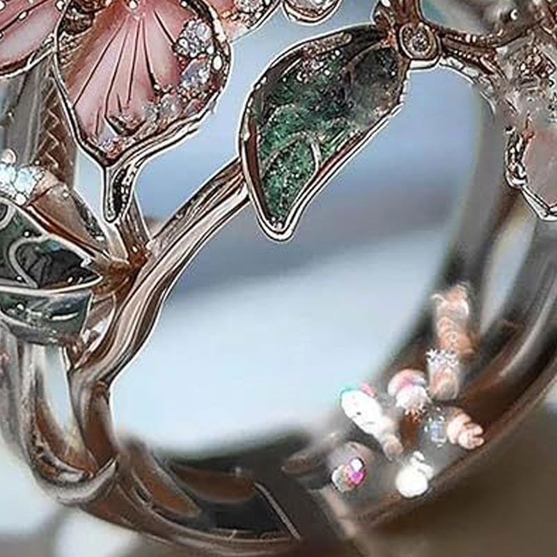 Ready Stock Damen Offen Verstellbar Rosa Vintage Mode Zarte Flash Diamant Tropfen Schmetterling Blume Ring Schmuck Geschenke Für Frau_voghion.com