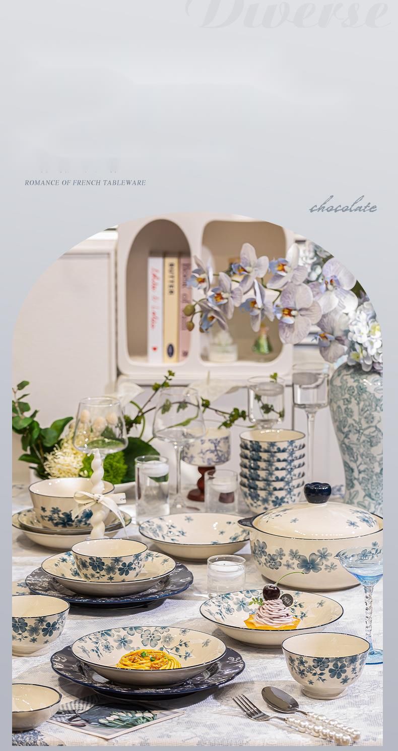 Household Floral Blue White Set Light Luxury High-Value Kitchenware Single Optional Bowl And Plate_voghion.com