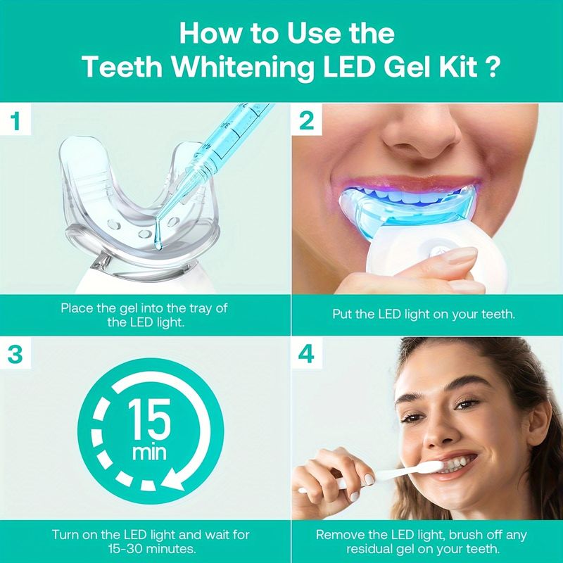 Luz LED para blanquear los dientes con 6 geles blanqueadores de dientes de peróxido de carbamida de 3 ml, incluye 2 bandejas bucales, estuche para bandejas y cepillo, blanqueamiento rápido y suave de los dientes_voghion.com