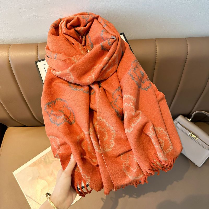 Elegant Camellia Fringe Shawl Scarf - Winter Warm Double-Layered Wrap With Stylish Floral Design, Soft & Cozy For Women_voghion.com