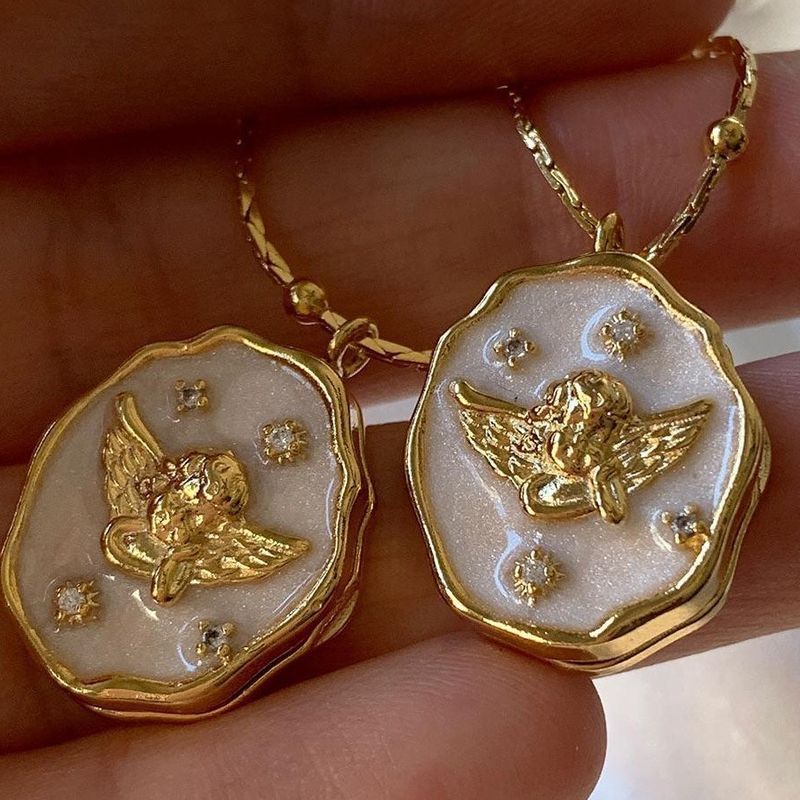 Collane smaltate con angelo carino in vendita calda per donne, collana con ciondolo placcato oro vintage, collana con clavicola e girocollo estetica da principessa._voghion.com