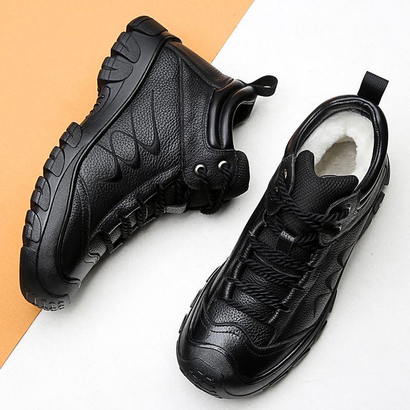 Winter New Layer Wool High Top Cotton Fleece Lined Leather Short Boots Warm Men's Shoes_voghion.com