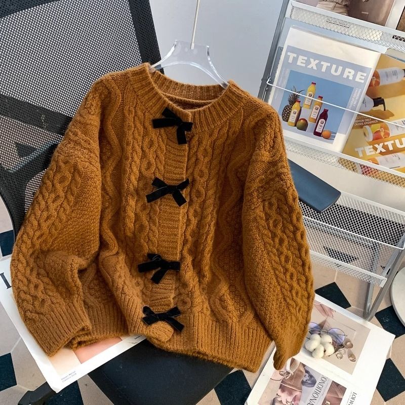 Oversized Cardigan Sweet Bow Tie Wool Sweater Women Autumn New Loose Twist Knit Cardigan Retro Fashion Solid Knitwear Coat_voghion.com