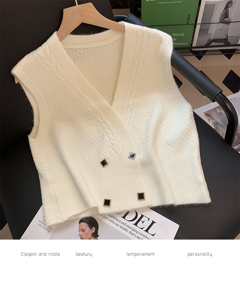 K V-neck Pullover Cardigan For Women; Sleeveless Coat In Solid Color, New Style, Korean Version, To Be Worn Outside_voghion.com