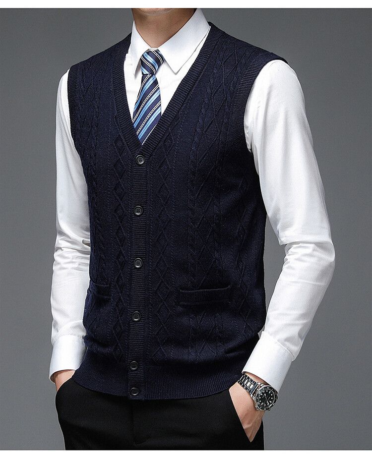 Ärmellose Strickjacke aus Wollmischung für Herren, schmale Passform, einreihiger Strickpullover für legere Business-Kleidung (Hellgrau, Weinrot, Marineblau, Dunkelgrau)_voghion.com