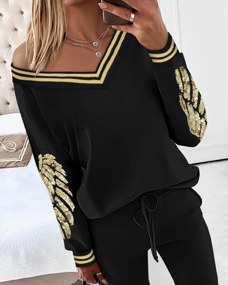 Women's Clothing Ribbon Stitching Sequin Long Sleeved Top Pants Two Piece Set_voghion.com