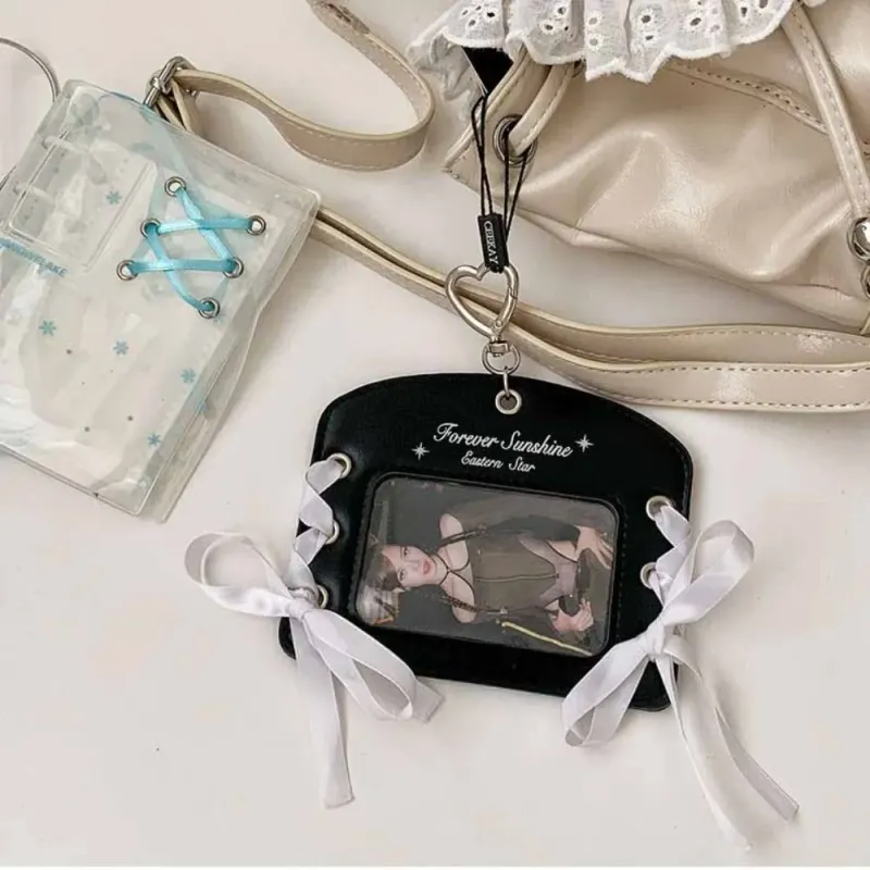 Card Holders Korean Idol Balletcore Pocard Holder Ribbon Style PU With Keychain Pendant Protective Case_voghion.com