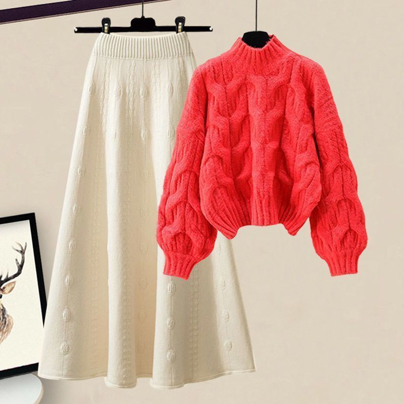 Completo da donna autunno inverno stile maglione spesso in maglia vestibilità comoda e gonna midi snellente in due pezzi_voghion.com