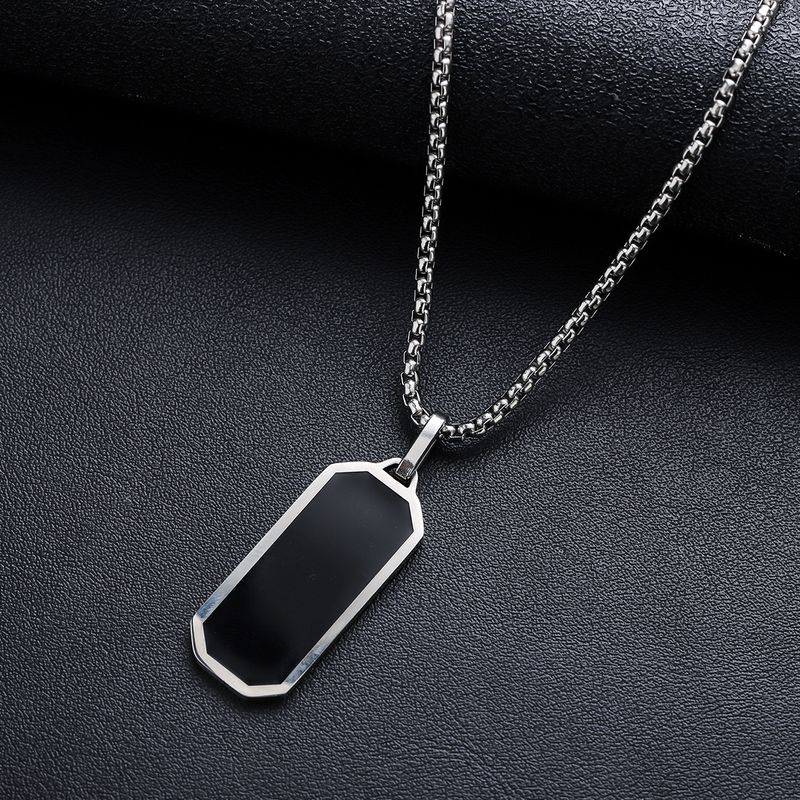 Collier pendentif long barre, boucles d'oreilles carrées noires en acier inoxydable, bracelet cubain, ensemble en acier titane inaltérable_voghion.com